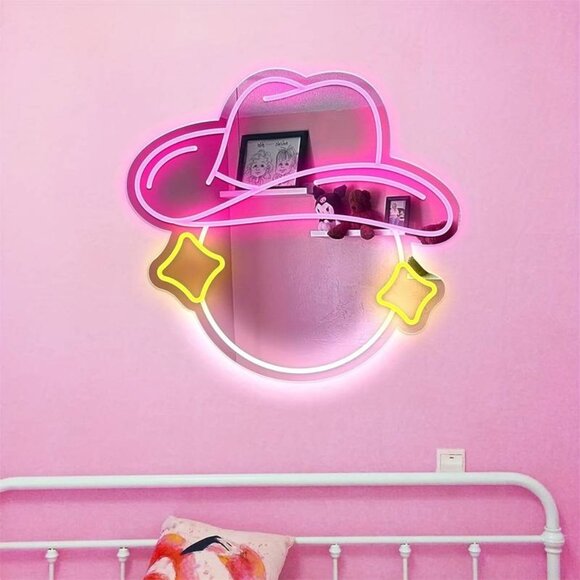 Neon LED Smiley Cowboy Hat Mirror - Light up